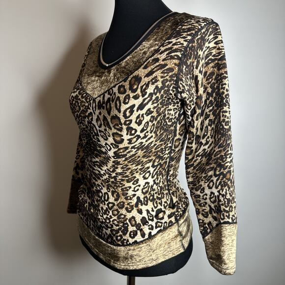 Vintage Y2K 90s Top XS Thermal Leopard Print V Neck Long Sleeve Cyber Grunge - Picture 5 of 9